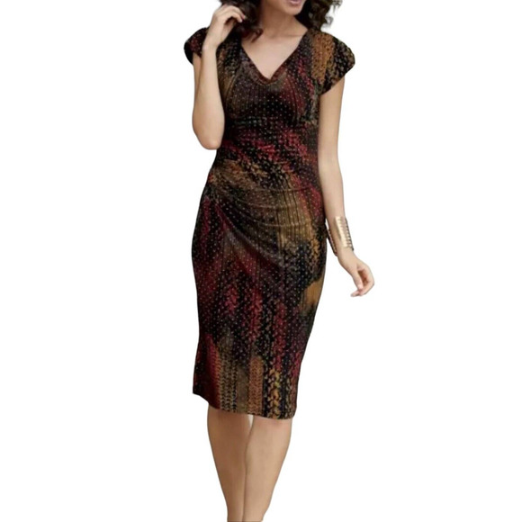 Monroe & Main Bead Draped Cowl Sheath Mixed Print Office Casual Date Night Dress - Picture 1 of 12